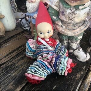 Yoyo Fabric Clown Doll Plastic Kewpie Face Folk Creepy Scary Vintage 50s 60s